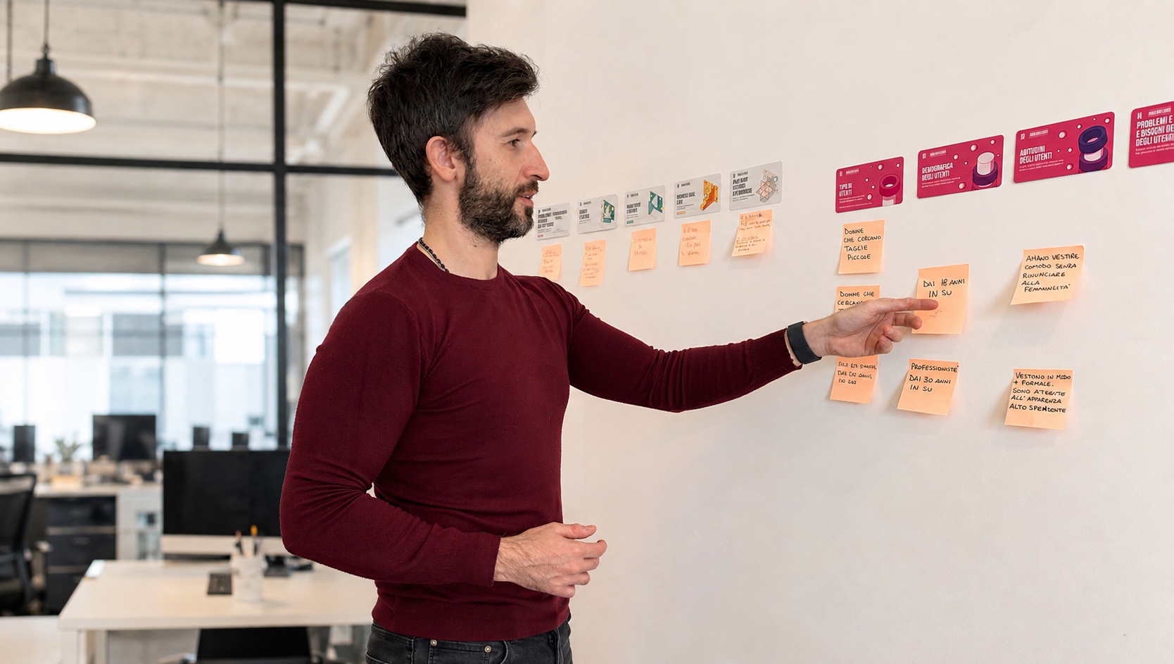 Mattia Rizzo facilita una sessione strategica con canvas e post-it
