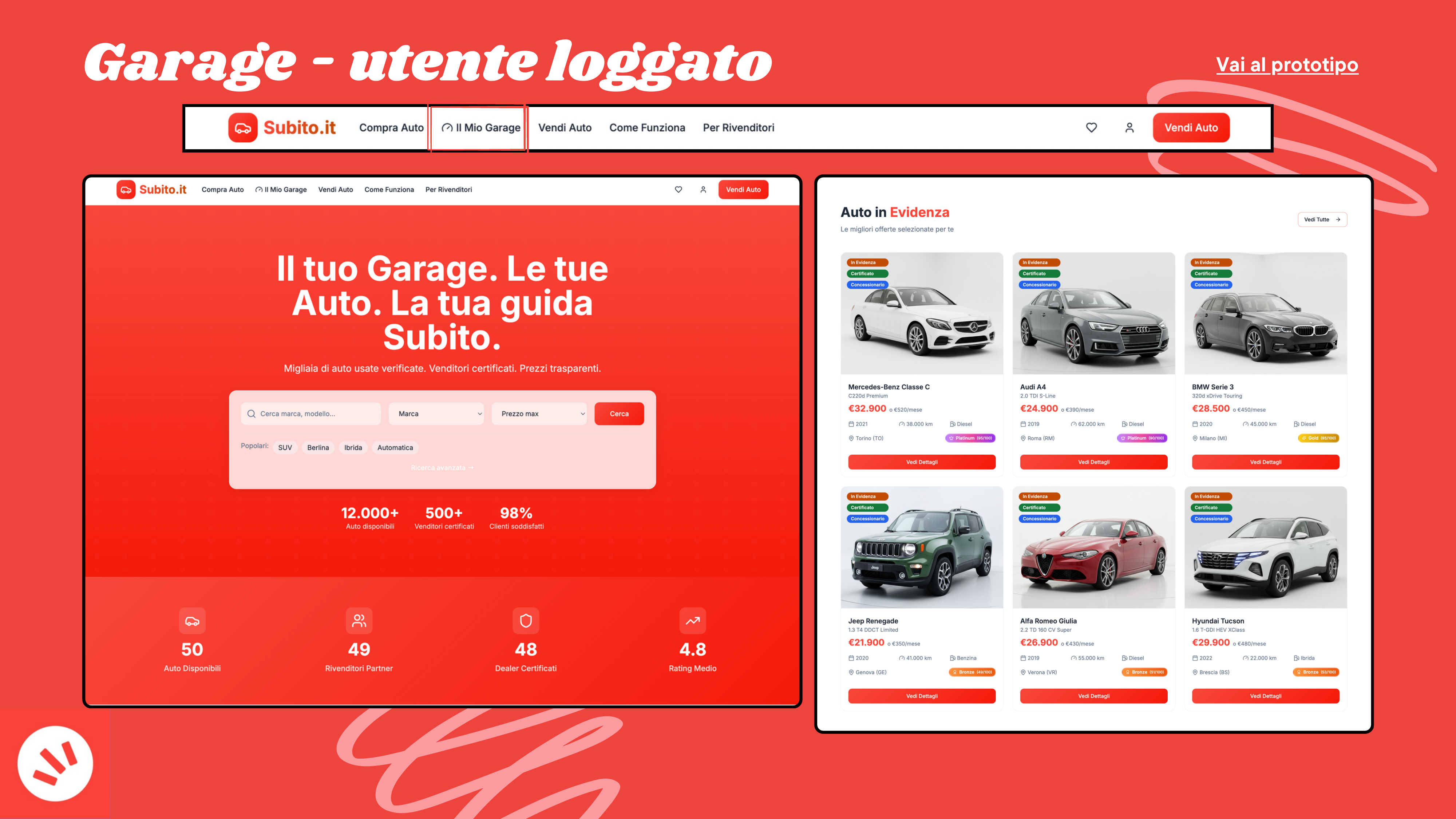 Subito Garage, home utente loggato con auto in evidenza